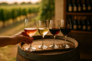 A tasting flight of rosé, white, light red, and dark red wines displayed on a barrel, with a guest sampling the rosé in an idyllic vineyard setting.